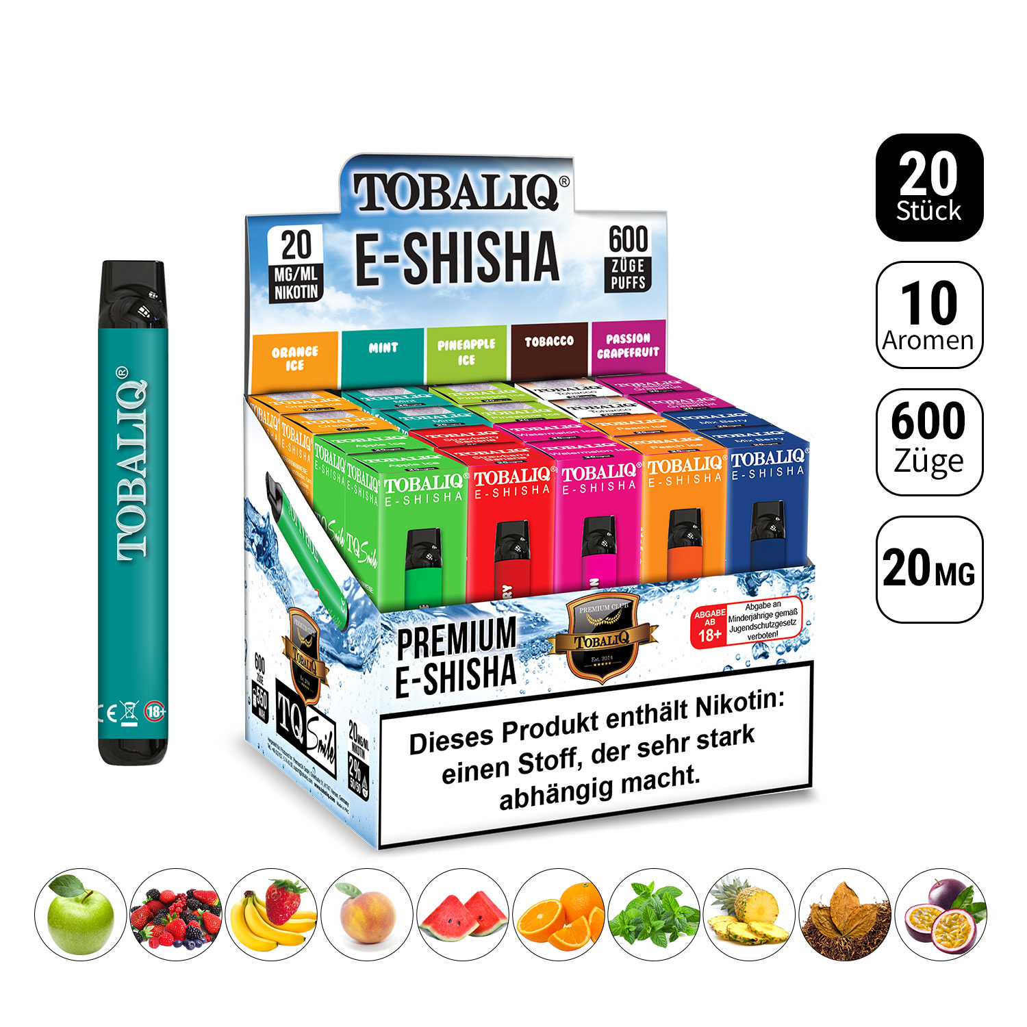 E-Shisha 600 Puffs, 20er Thekendisplay vonTobaliQ 10 Sorten