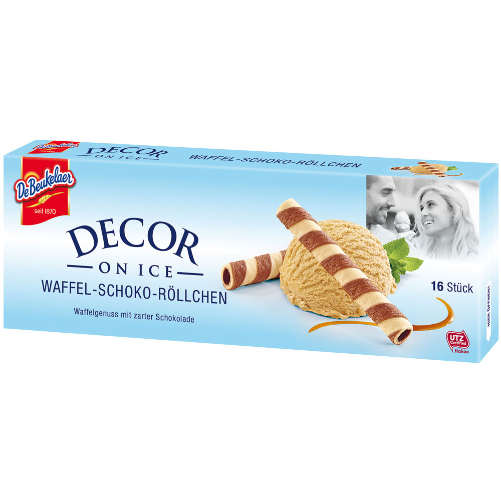 DeBeukelaer Decor -on Ice- Waffel Schoko Röllchen 50g MHD:1.12.24