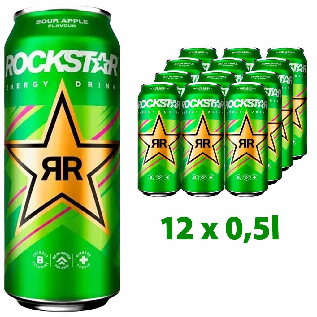 12x Rockstar Energy Drink Sour Apple Flavour Dosen 12x500ml=6L, 4060800178602, 4060800178664