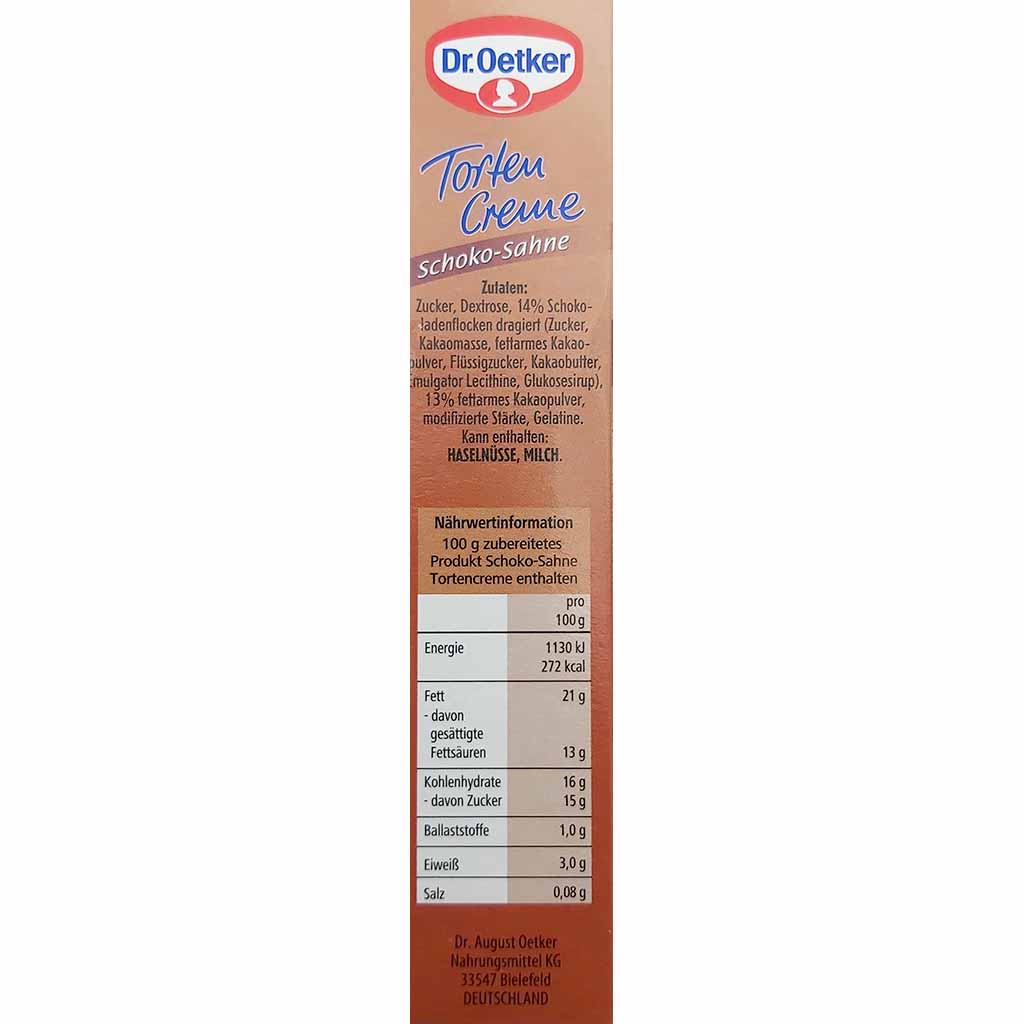 Dr. Oetker Torten Creme Schoko-Sahne mit Schokoflocken 170g Zutaten