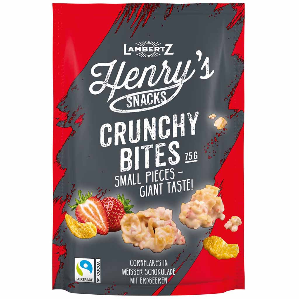 Lambertz Henrys Snacks Crunchy Bites Weiße Schokolade Erdbeere 75g MHD:30.7.22