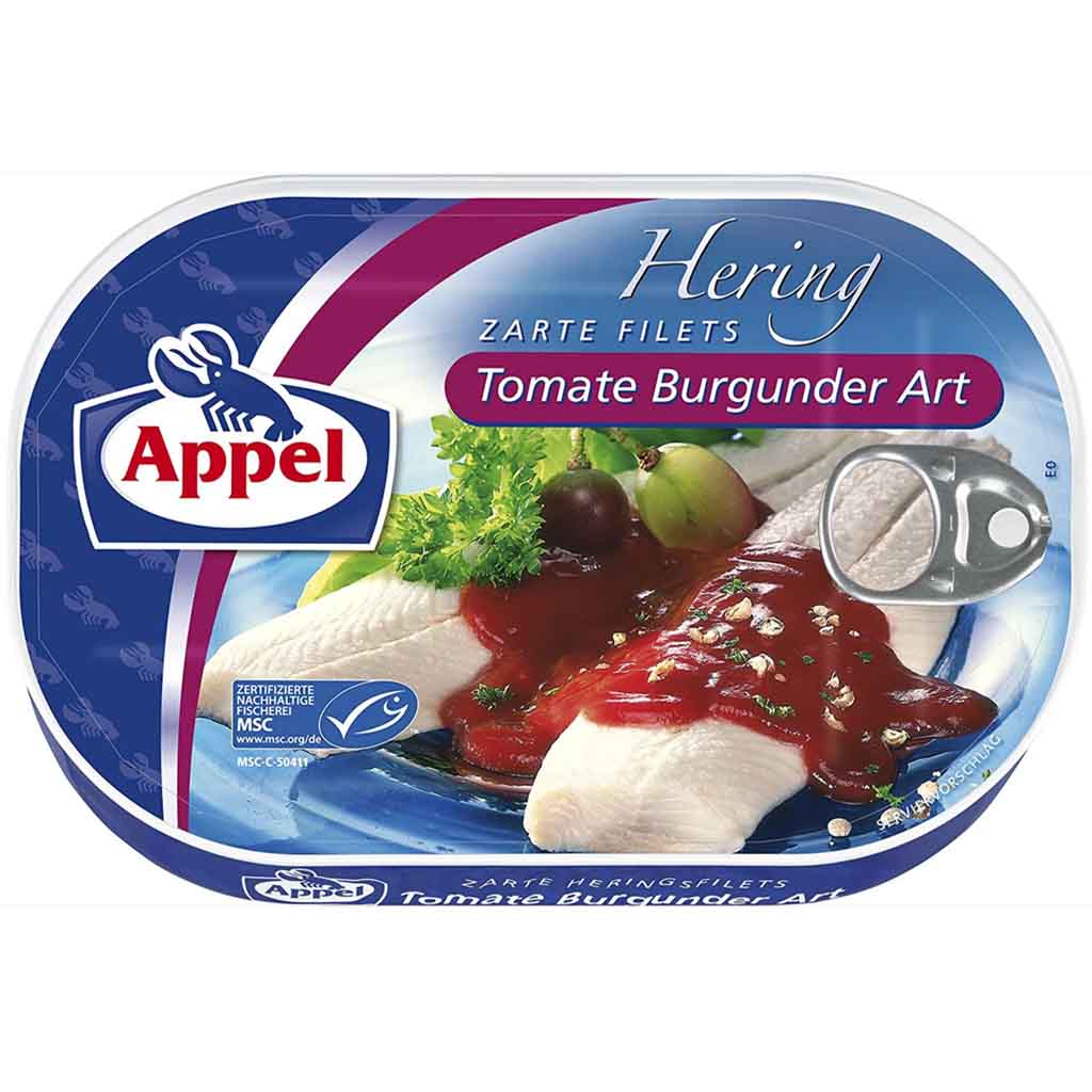 Appel Heringsfilets Tomate Burgunder Art 2-te Sortierung 200g MHD:14.12.24