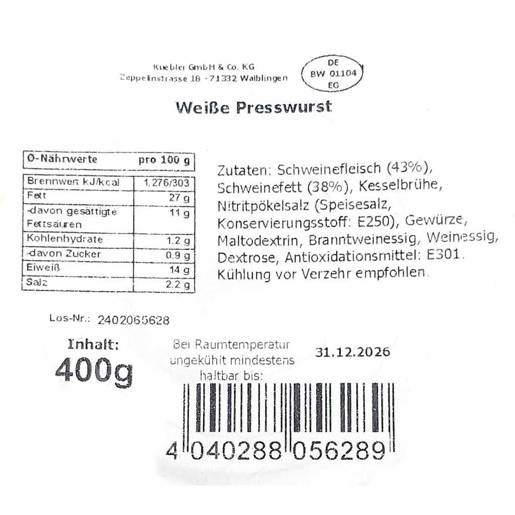 Metzger Kübler Weiße Presswurst 400g 
