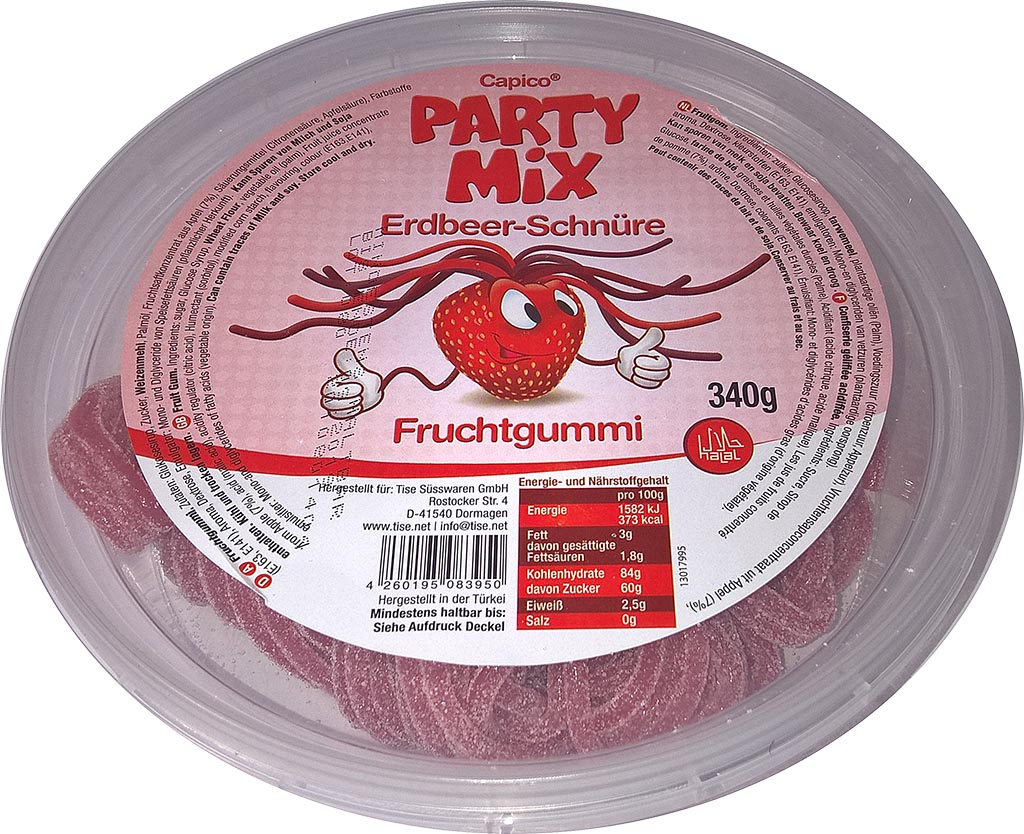 Capico Party Mix Erdbeer Schnüre Fruchtgummi 304g EAN 4260195089549  