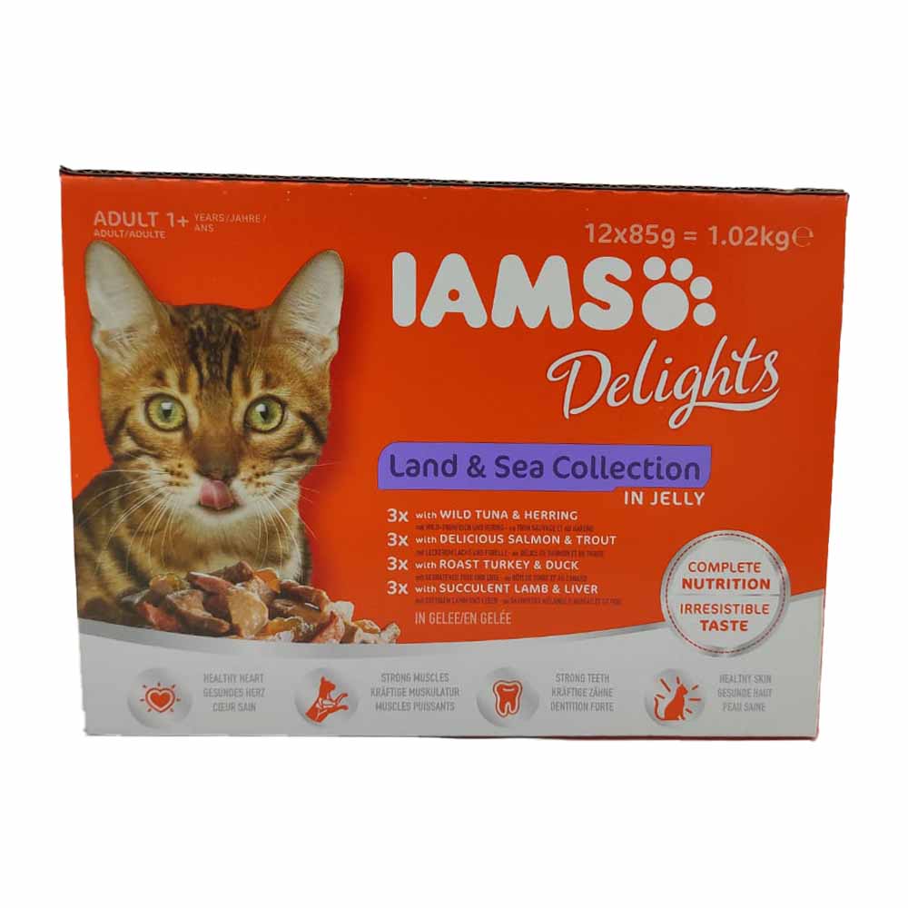 12x IAMS Delights Land & Sea Collection in Jelly  á 85g=1020g MHD:4.9.21