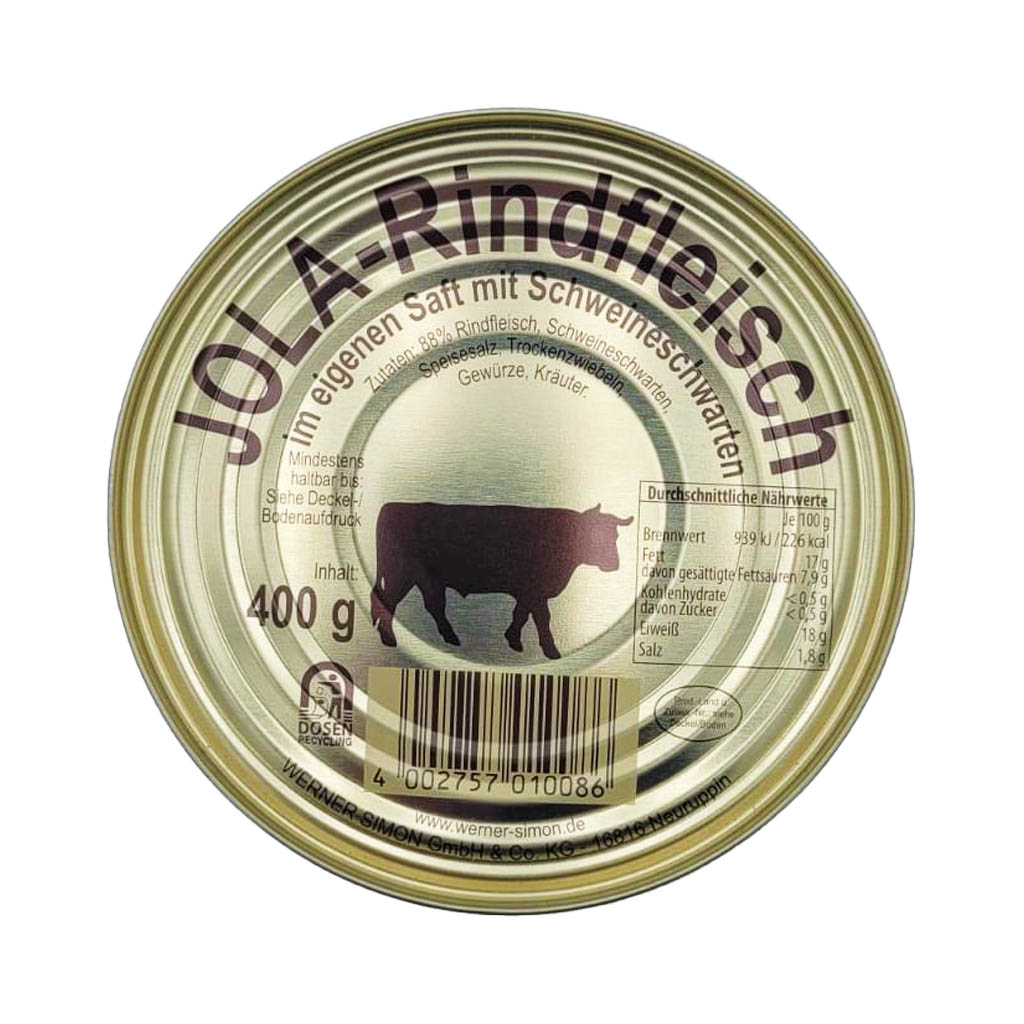 Jola-Rindfleisch im eigenen Saft 400g MHD:26.9.27