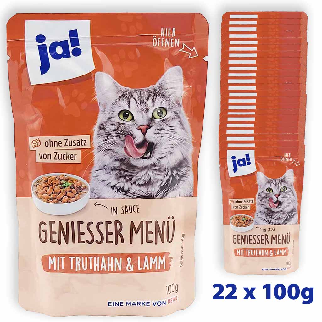 22x Ja! Katzenfutter Genießer Menü mit Truthahn & Lamm 100g in Sauce 4337256567190