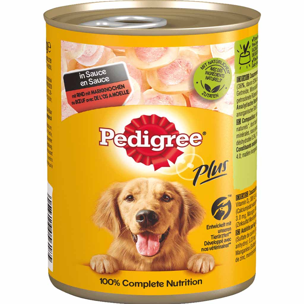 12x Pedigree Plus Markknochen Rind in Sauce Dose á 400g=4,8kg MHD:21.4.23