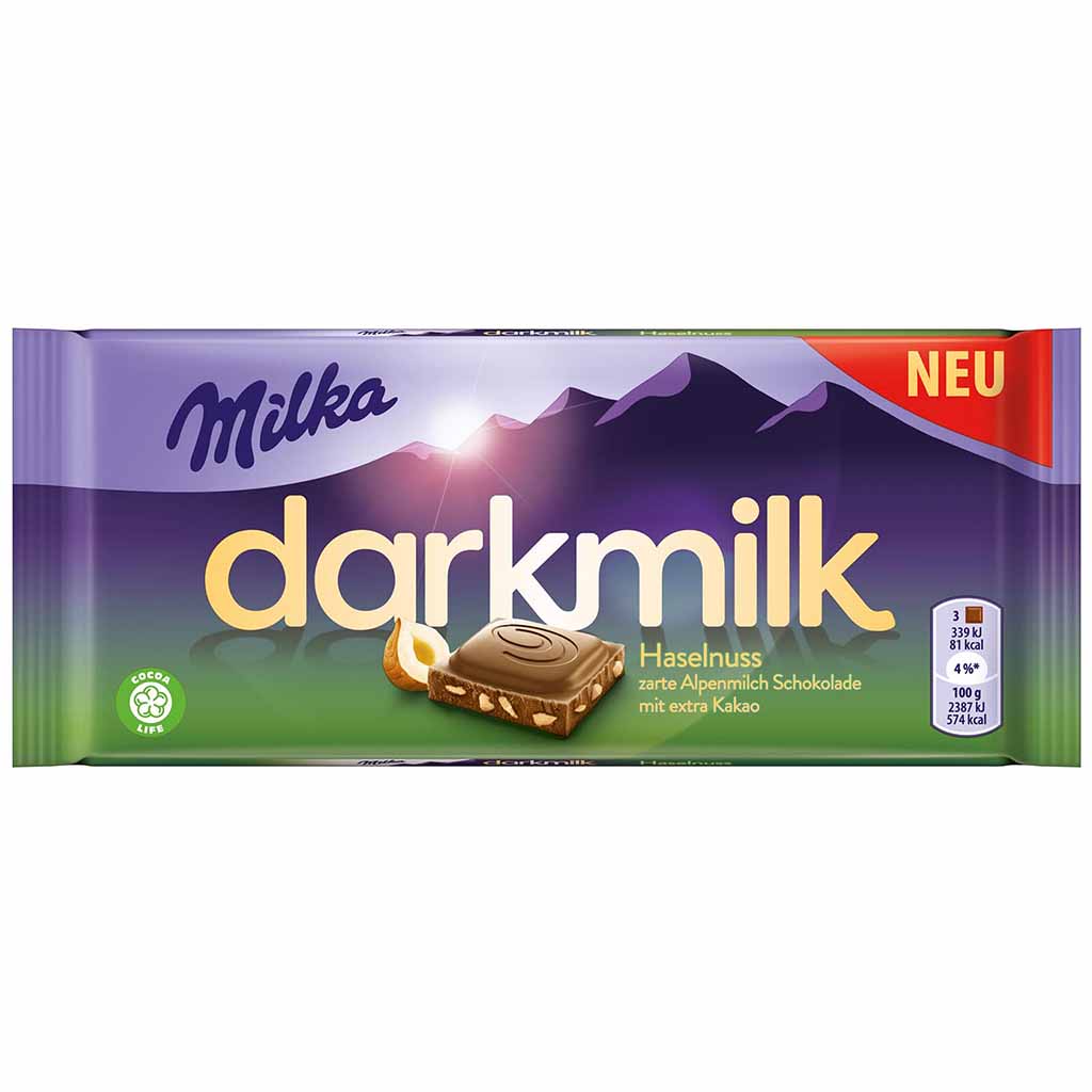 Milka Tafelschokolade darkmilk Haselnuss mit extra Kakao 85g MHD:10.3.22