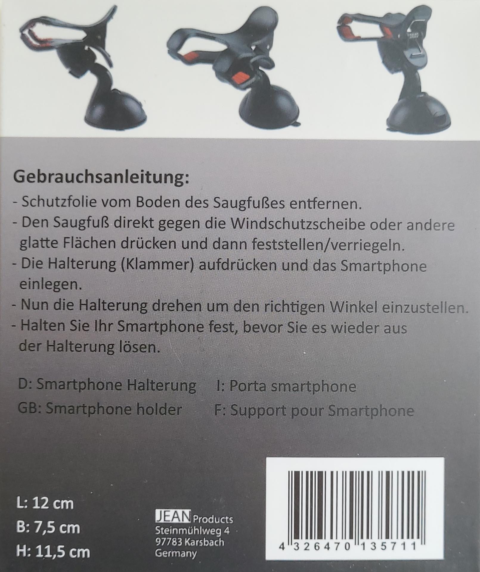 KFZ Handy Halterung Auto Scheibe mit Saugnapf und Greifarm ausziehbar bis 9cm