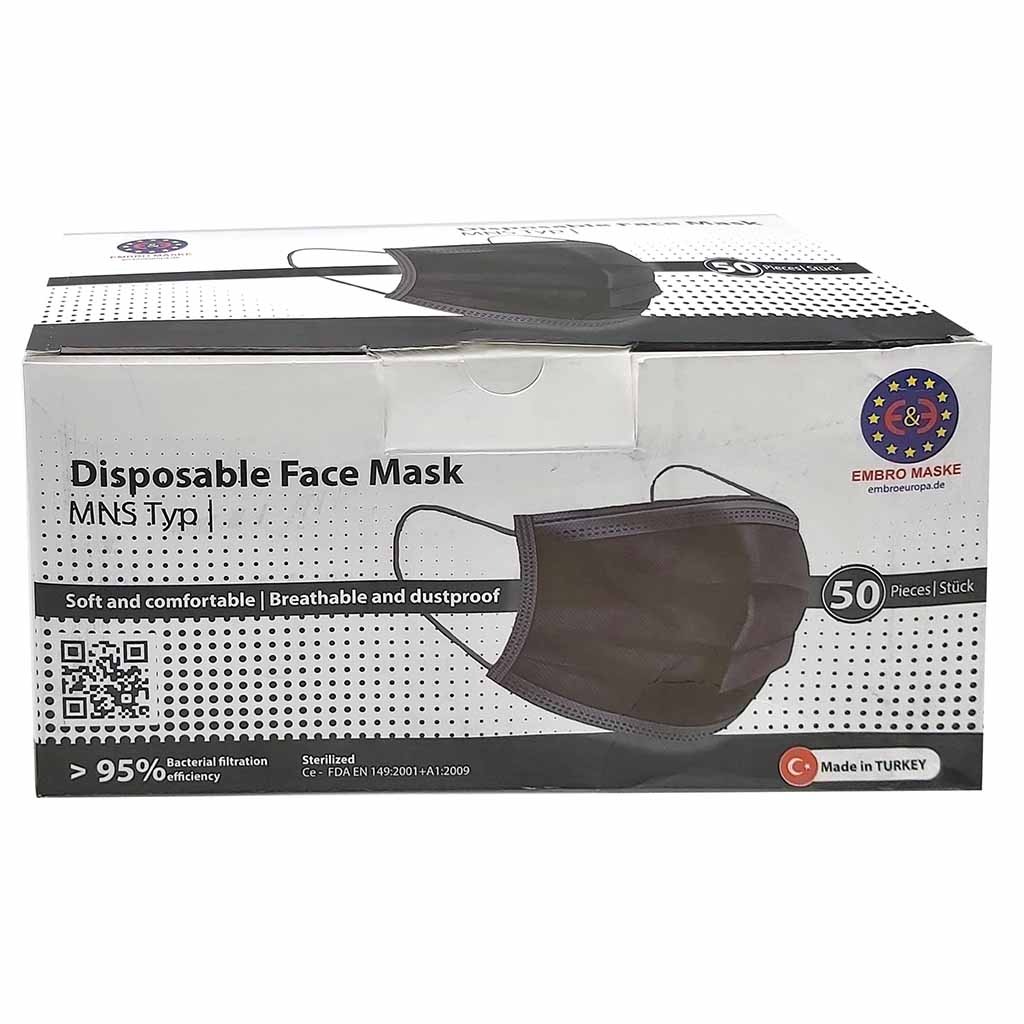 50x Mundschutz Masken 3-lagig, Vlies, Gummibänder, schwarz