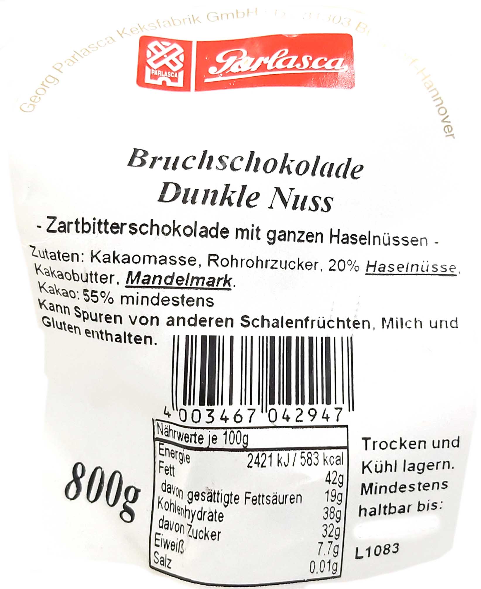 Parlasca Schokoladenbruch Dunkle Nuss 800g Label