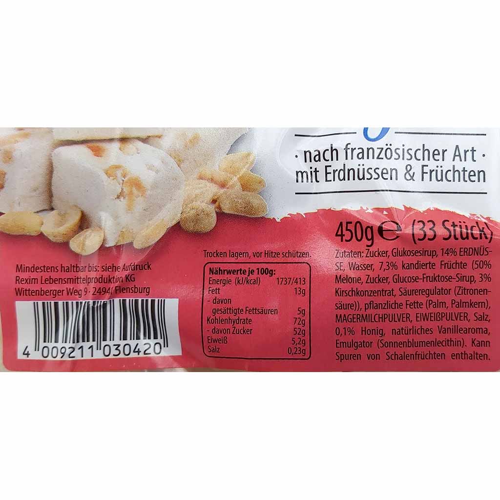 Rexim Soft Nougat mit Erdnüssen und Früchten 450g GTIN 4009211030420 Zutaten
