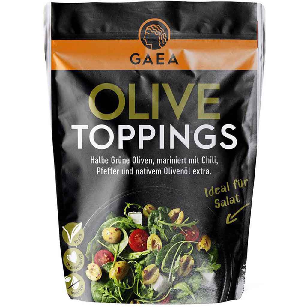 GAEA Olive Toppings halbe grüne Oliven mariniert 60g MHD:16.1.25