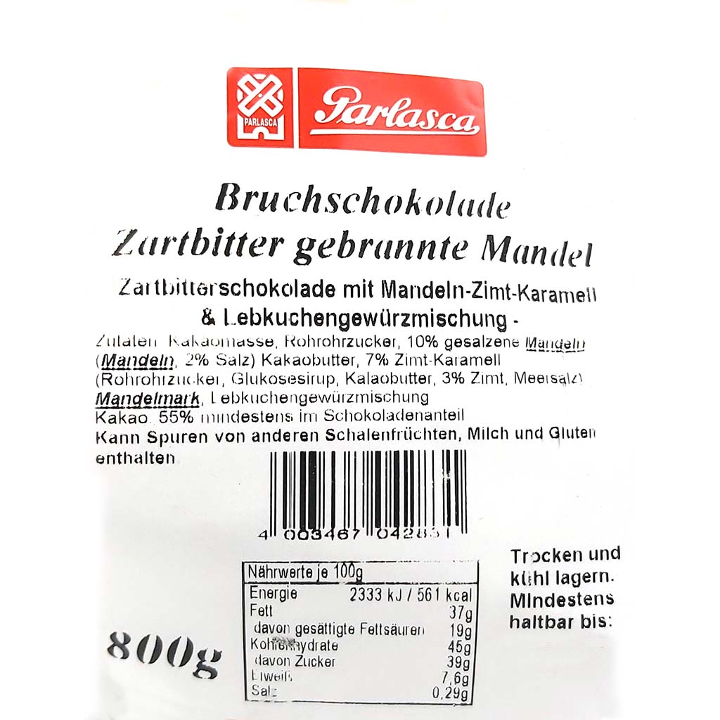 Parlasca Schokoladenbruch Zartbitter gebrannte Mandel 800g Label