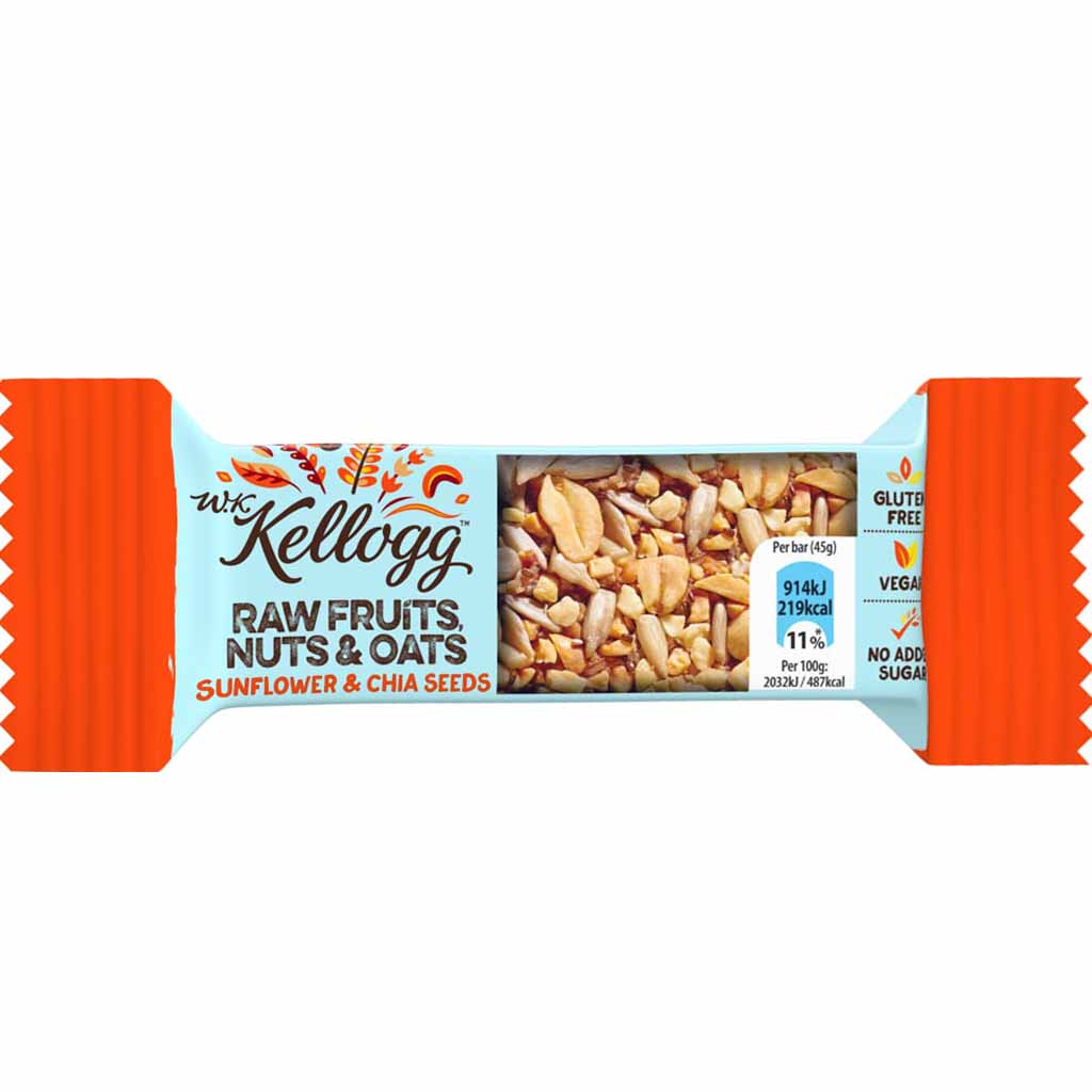 18x Kellogg Raw Fruits, Nuts & Oats Sunflower & Chia Seeds Nussriegel á 40g=720g MHD:17.7.21