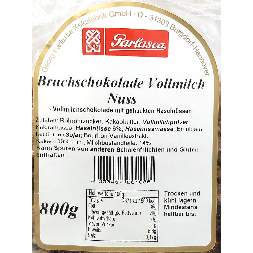 Parlasca Schokoladenbruch Vollmilch Nuss 800g Label