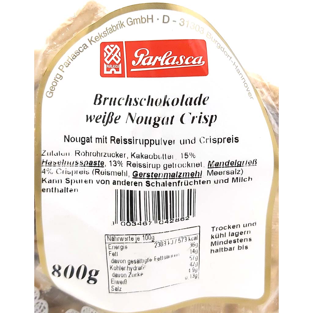 Parlasca Schokoladenbruch weiße Nougat Crisp 800g Label