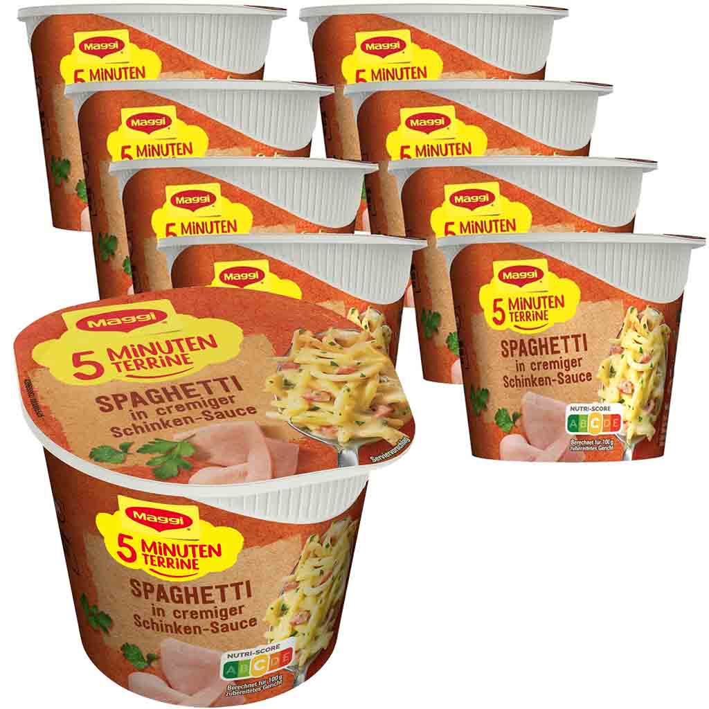 8x Maggi 5 Minuten Terrine Spaghetti in Schinken Sauce á 64=512g MHD:30.7.25