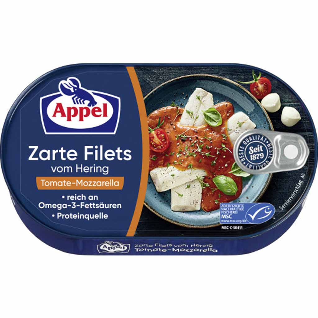 Appel zarte Filets vom Hering Tomate Mozzarella 200g MHD:30.8.25