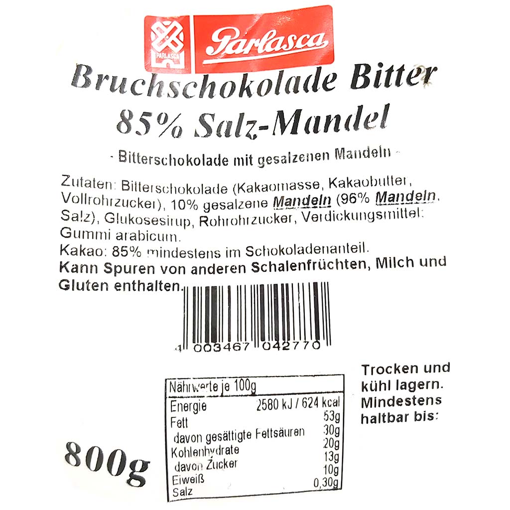 Parlasca Schokoladenbruch Bitterschokolade 85% Salz-Mandel 800g Label