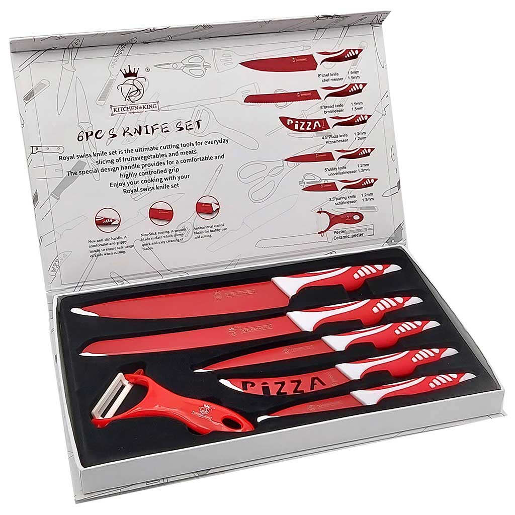 5 teiliges Messerset Premium Kitchen King plus Sparschäler gratis rot, weiss