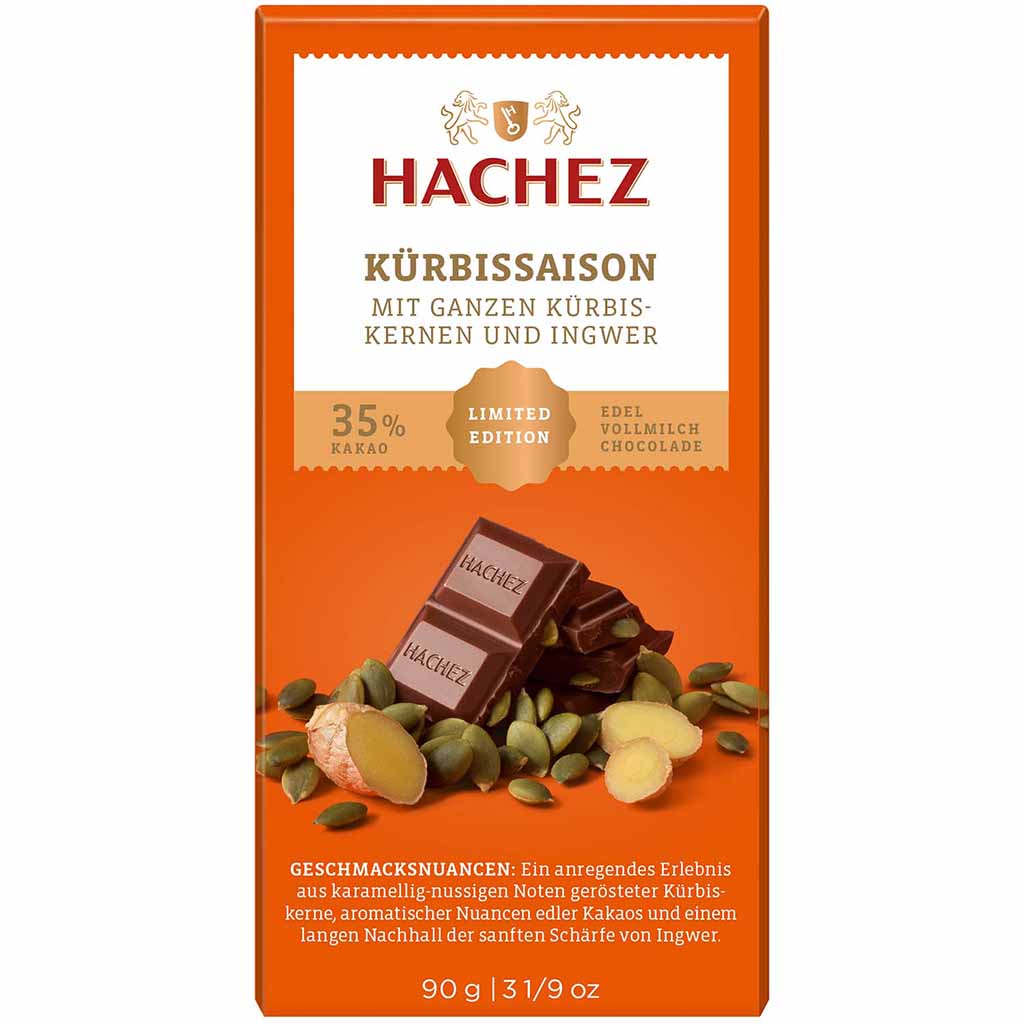 Hachez Tafelschokolade Kürbissaison Kürbiskerne & Ingwer 90g MHD:17.6.23