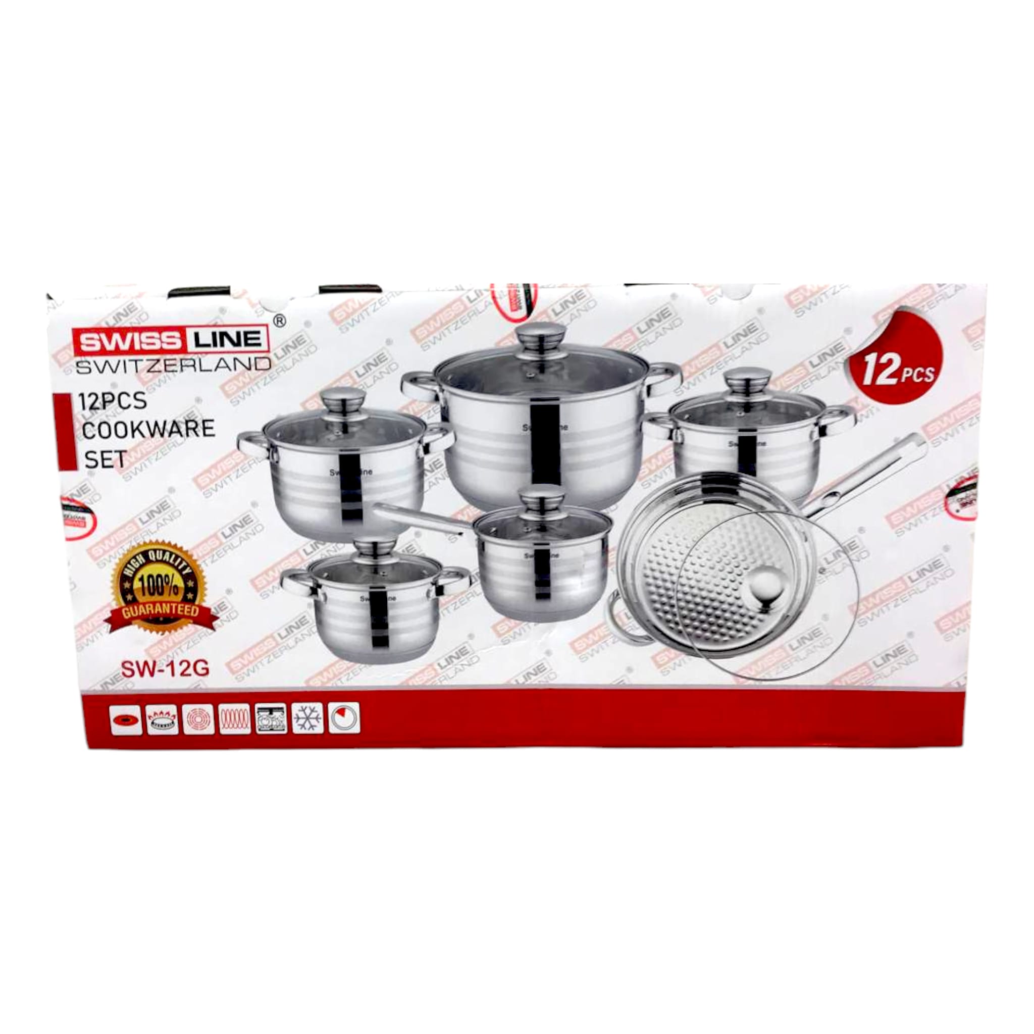12 teiliges INOX Topf-Pfannen Set mit Glasdeckel Swiss Line