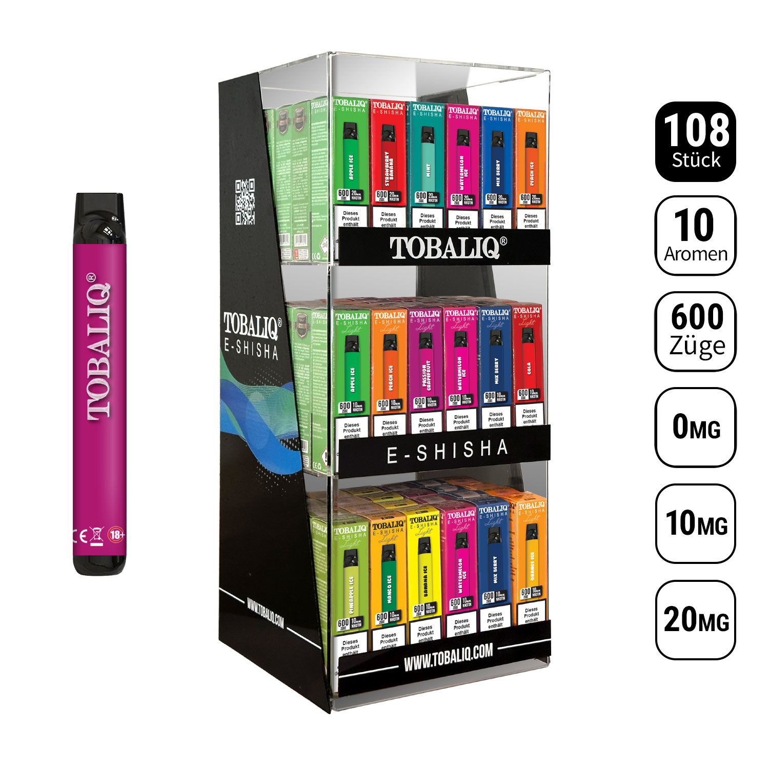 E-Shisha 600 Puffs, 108er Thekendisplay vonTobaliQ