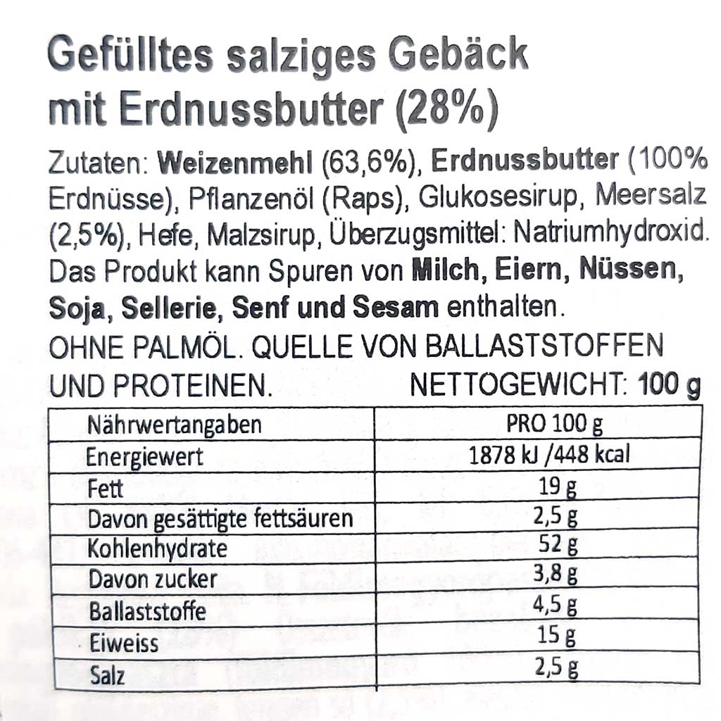Stark Prima Salzstangen gefüllt mit Erdnusscreme 100g Zutaten