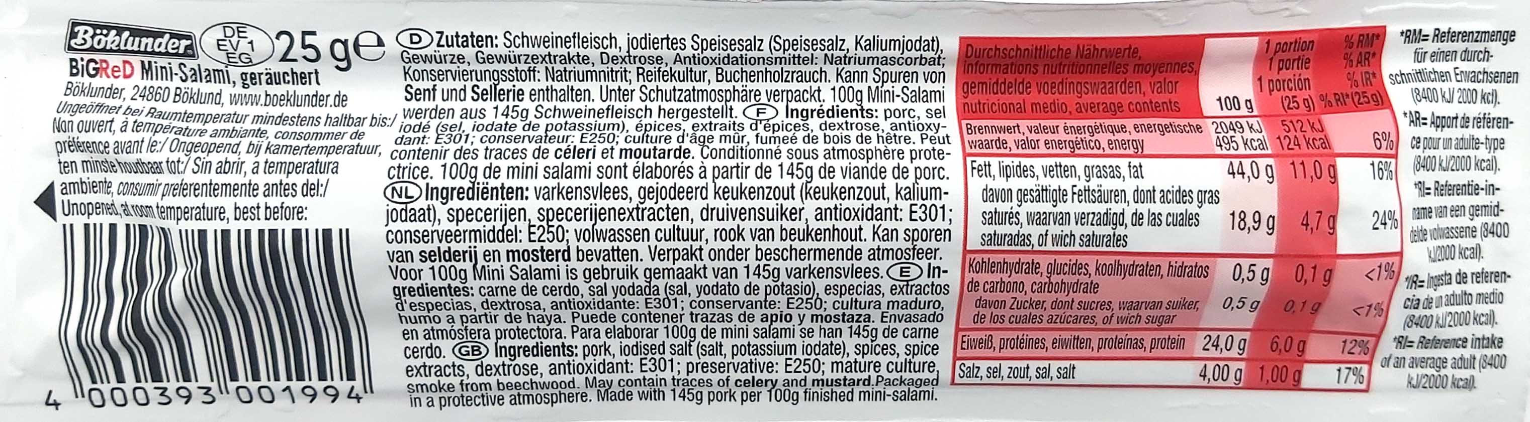 Böklunder Mini Salami BIG RED 25g Zutaten