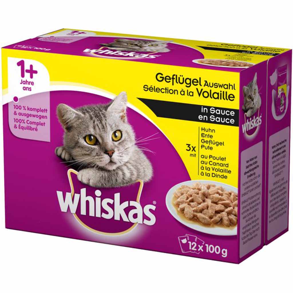 Whiskas 1+ in Sauce Geflügel Auswahl 12x100g=1,2kg MHD:30.6.23