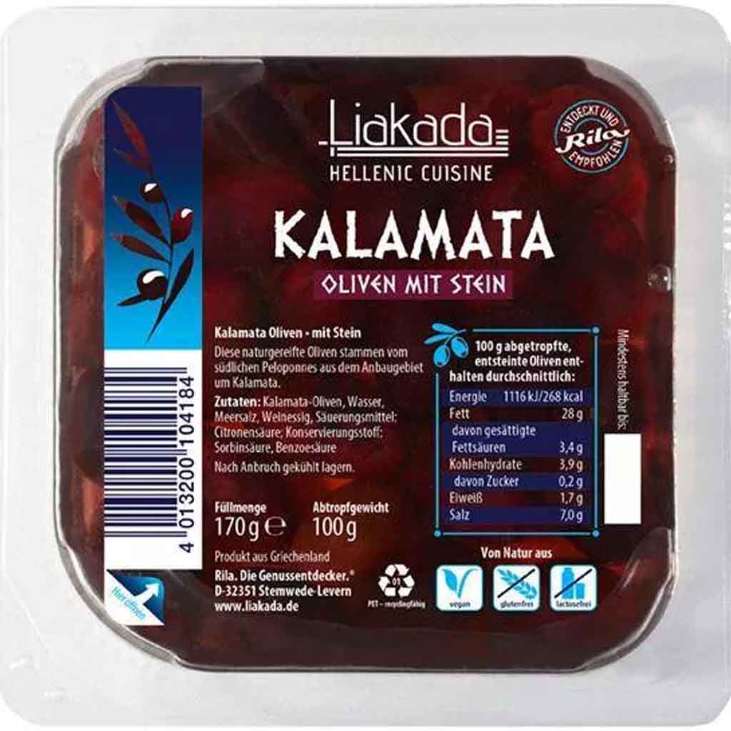 Liakada Kalamata Oliven mit Stein 100g MHD:12.12.24