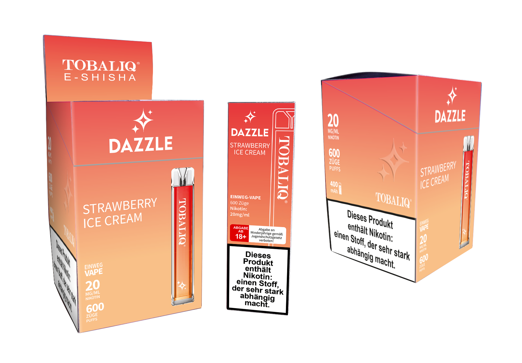 10er Pack DAZZLE 600Puffs E-Shisha – 20mg Nikotin – STRAWBERRY ICE CREAM