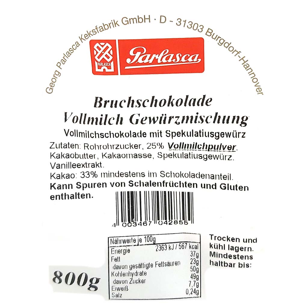 Parlasca Schokoladenbruch Vollmilch Gewürzmischung 800g Label