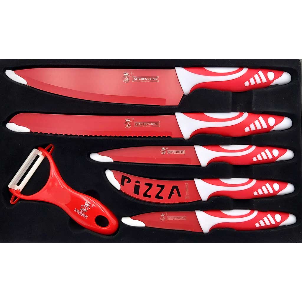 5 teiliges Messerset Premium Kitchen King plus Sparschäler gratis rot, weiss