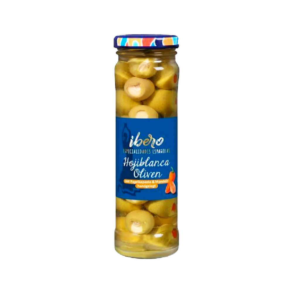Ibero Grüne Hojiblanca Oliven mit Paprikapaste und Mandeln Handgelegt 90g MHD:15.7.26