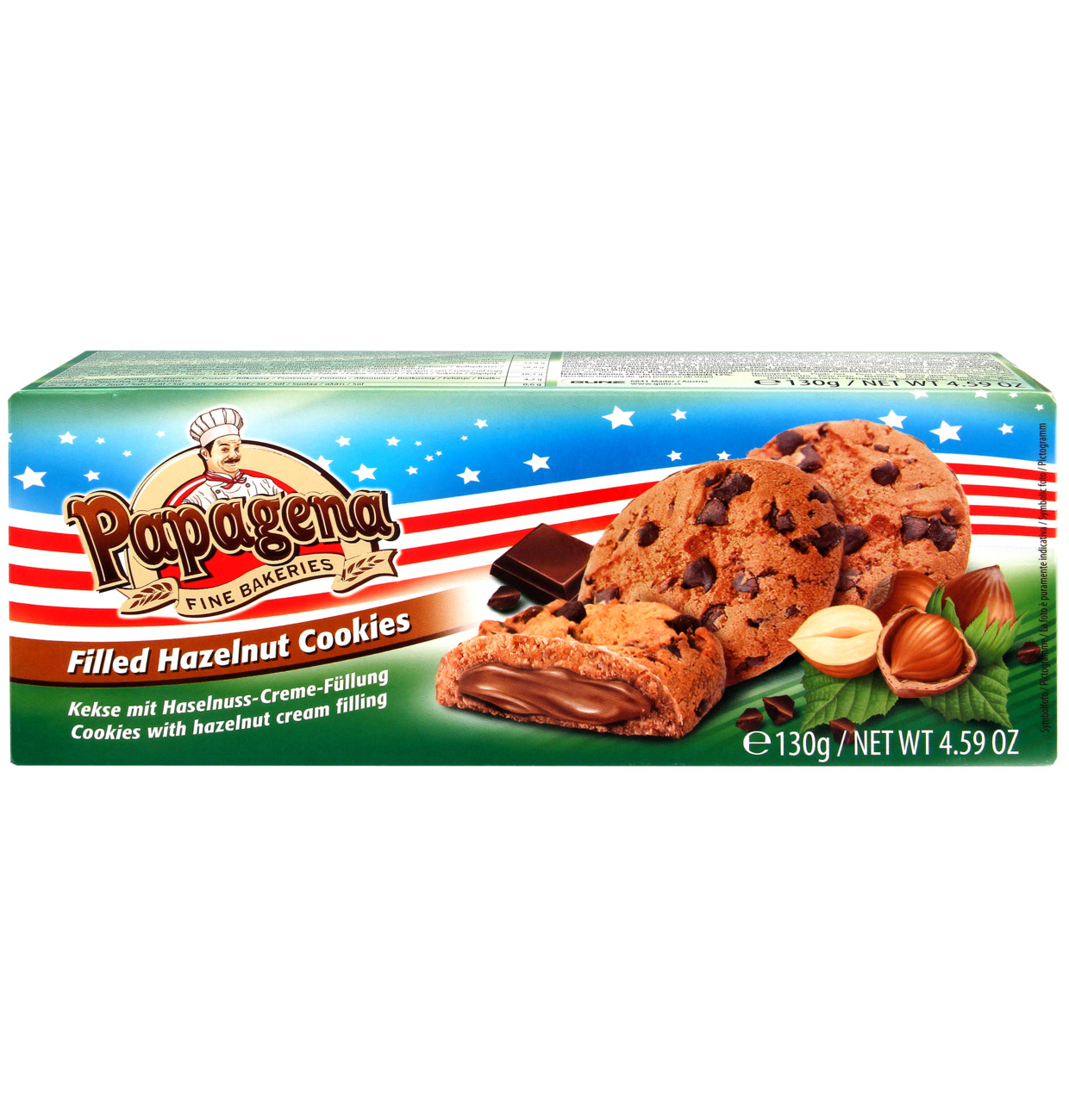 Papagena Choco Chip Cookies mit Haselnusscremefüllung 130g MHD:27.3.25