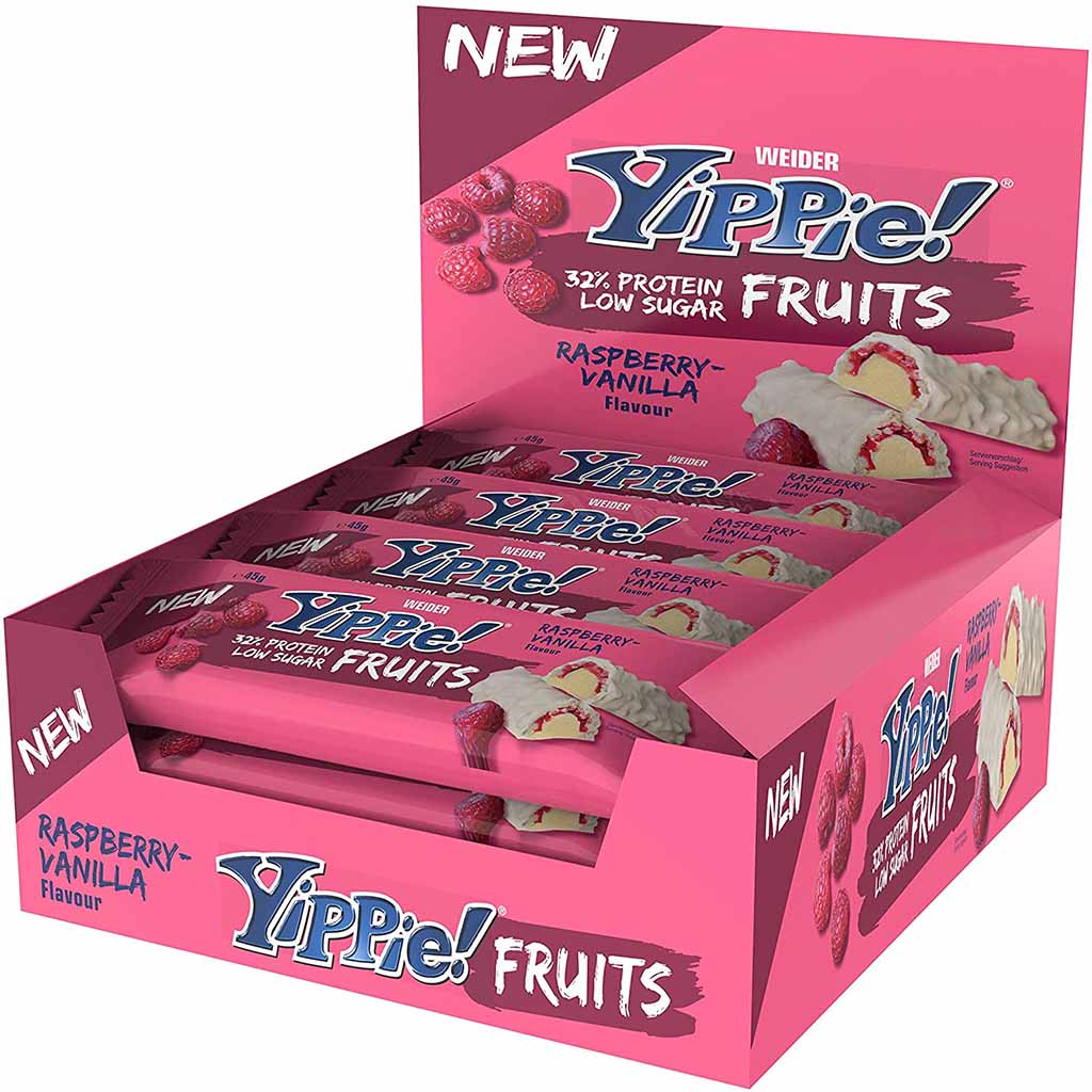 12x Yippie! Protein Riegel Fruits Raspberry-Vanilla á 45g=540g MHD:30.7.24