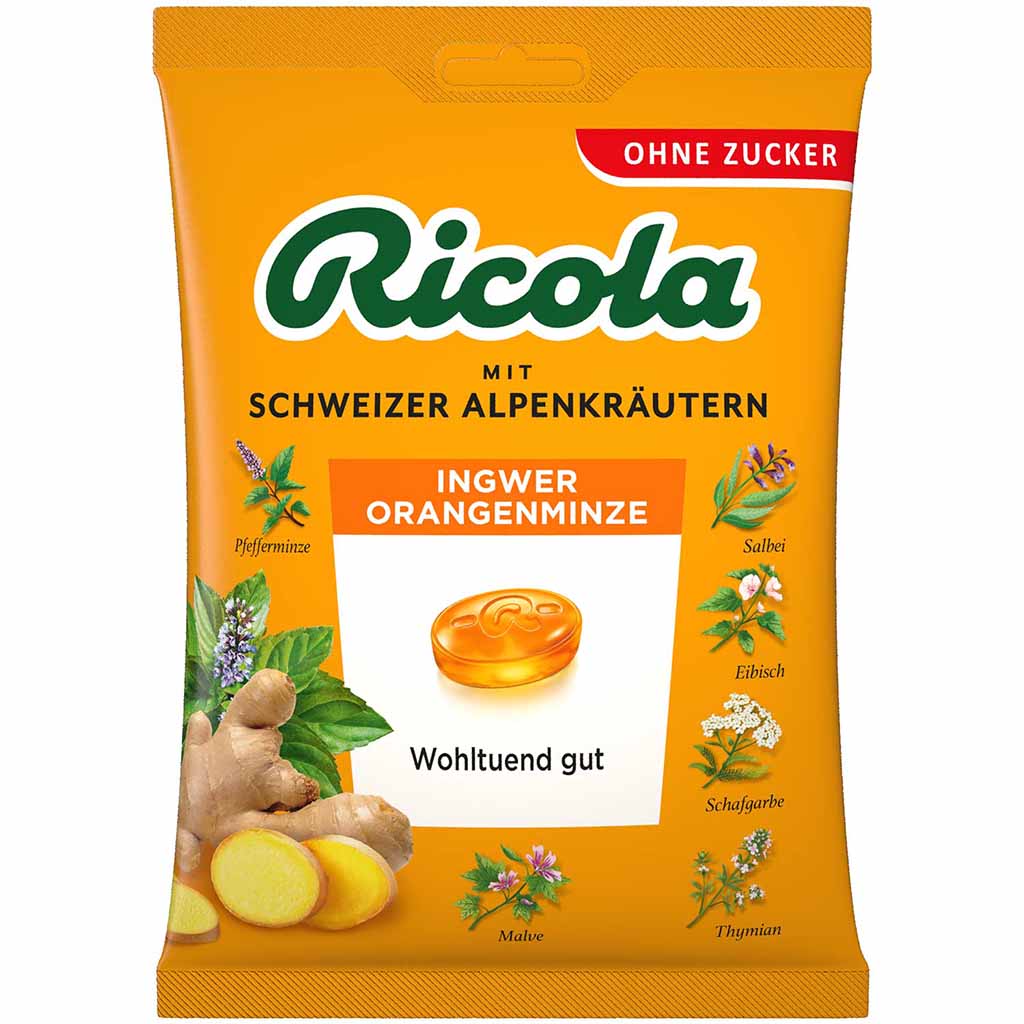 Ricola Ingwer Orangenminze Bonbons zuckerfrei 75g MHD:31.3.25