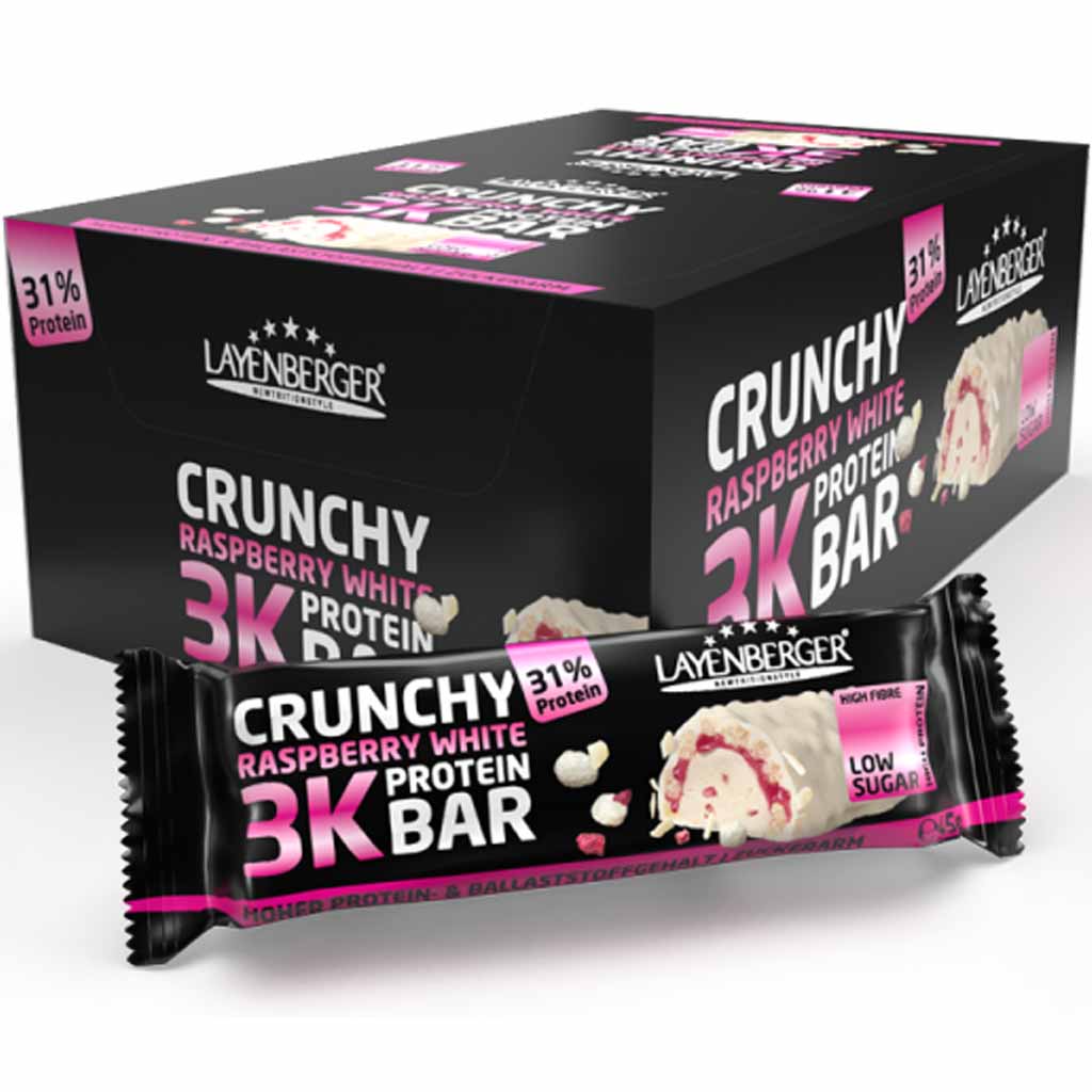 15x Layenberger 3K Protein Riegel Crunchy Raspberry White á 45g=675g MHD:30.6.25