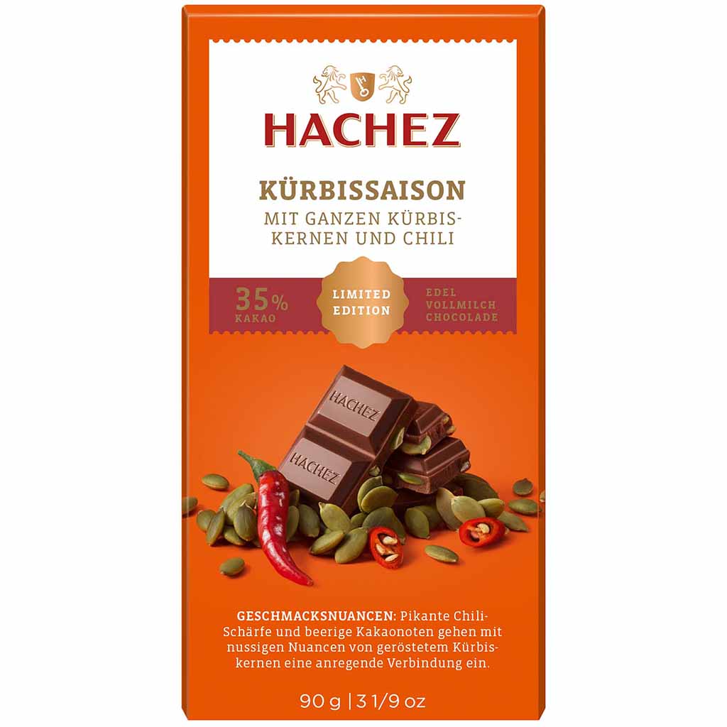 Hachez Tafelschokolade Kürbissaison Kürbiskerne & Chili 90g MHD:25.5.23