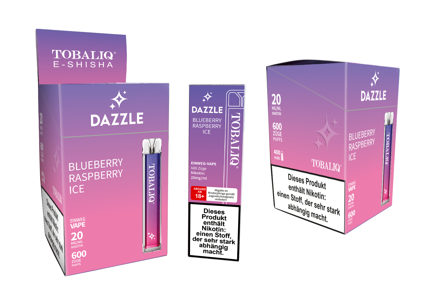 10er Pack DAZZLE E-Shisha 600Puffs – 20mg Nikotin – BLUEBERRY RASPBERRY ICE 10er Pack