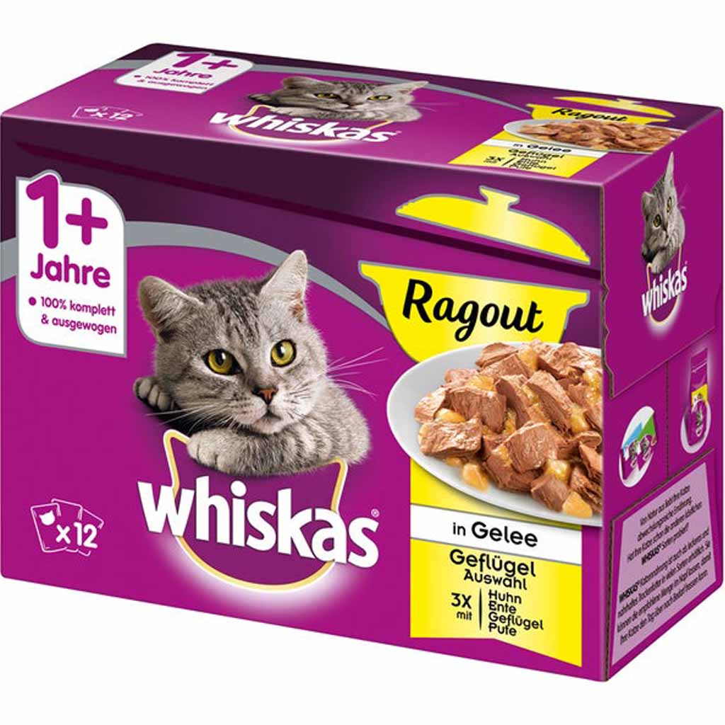 Whiskas 1+ Ragout in Gelee Geflügel Auswahl 12x85g=1,02kg MHD:26.10.24
