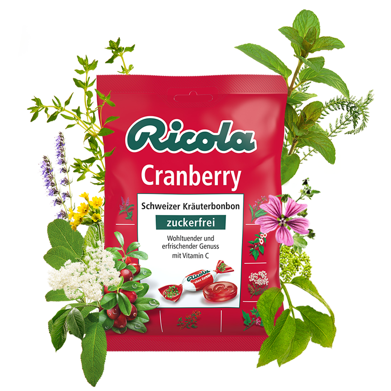 Ricola Cranberry Schweizer Kräuterbonbon Zuckerfrei 75g MHD:31.10.25