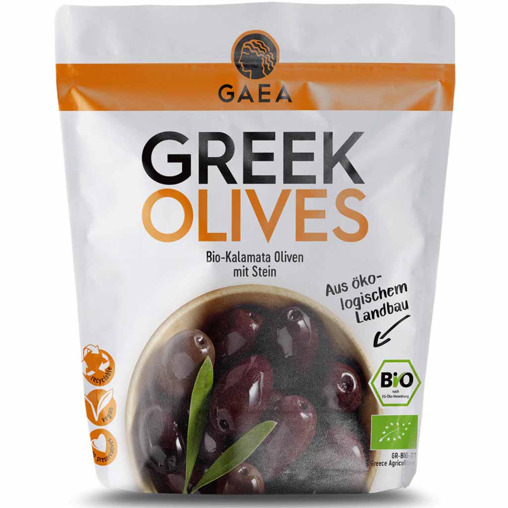 GAEA Greek Olives BIO Kalamata Oliven mit Stein 150g MHD:8.12.24
