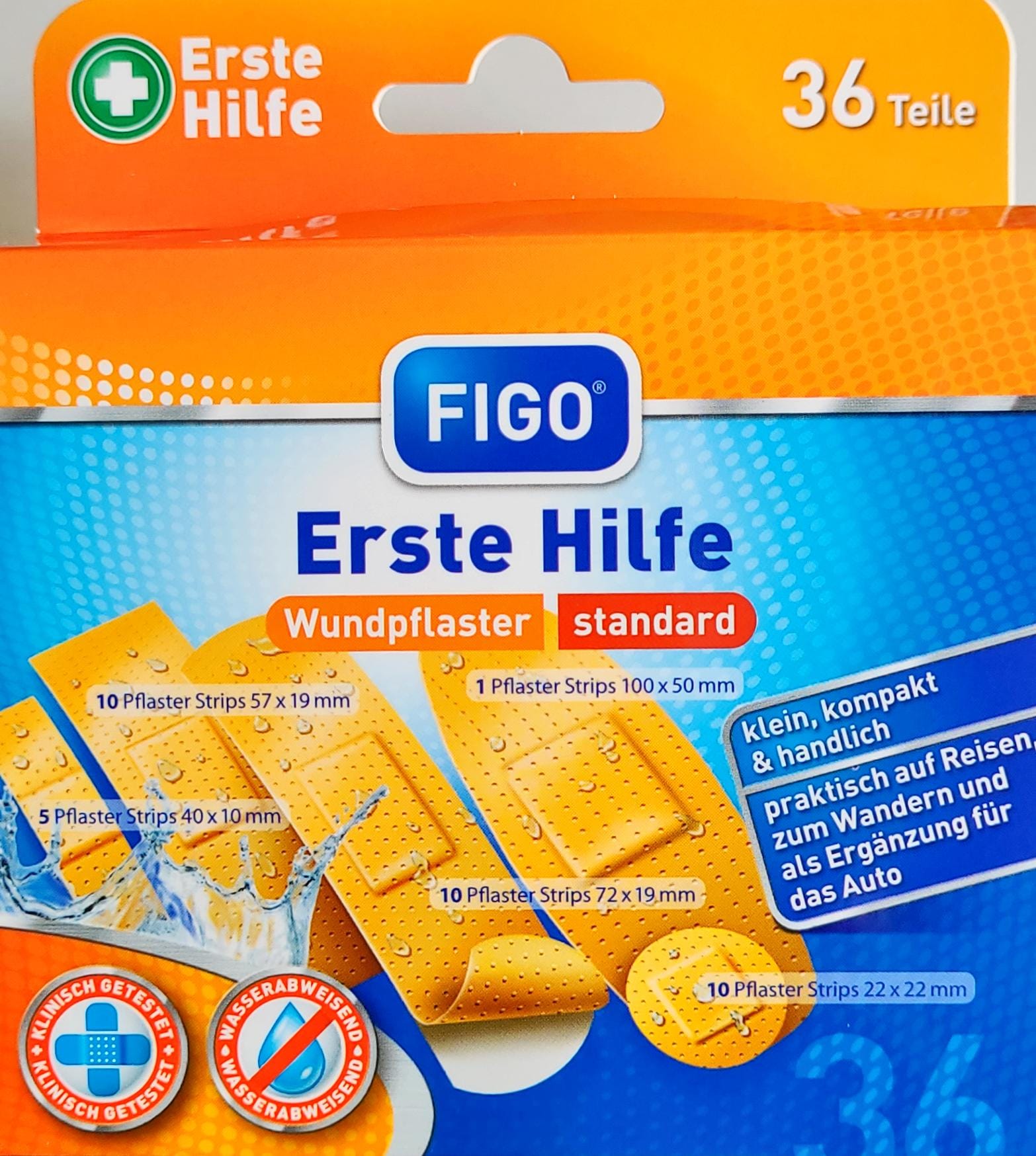 Erste Hilfe Box 36 teilig Wundpflaster Standard in Kunststoff Box MHD:30.8.26