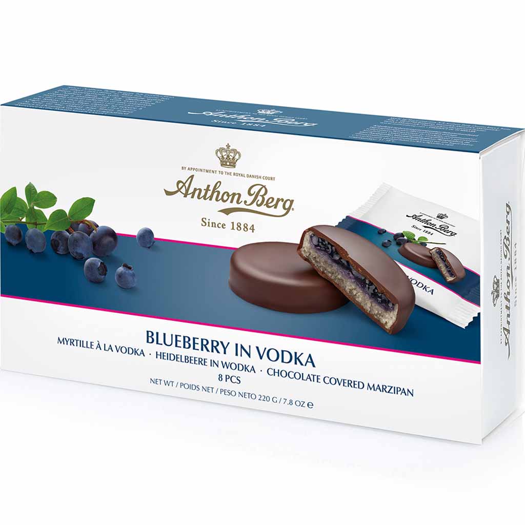 Anthon Berg schokoliertes Marzipan Blueberry in Vodka 220g MHD:12.3.25