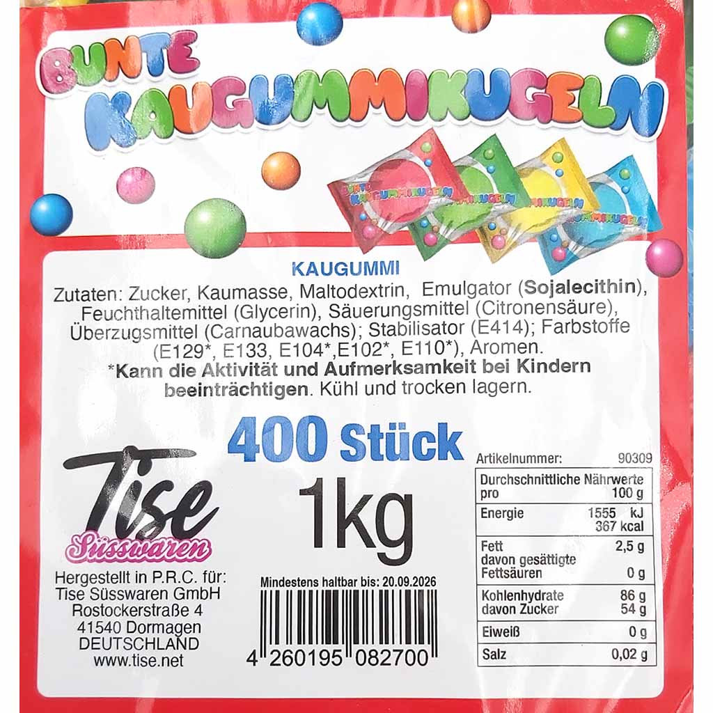 Bunte_Kaugummikugeln_400_St-ck_1kg_zutaten Capico Bunte Kaugummikugeln 400er Pack 1kg Wurfware, Party-Beutel, Fasching, Süßigkeiten GTIN 4260195082700