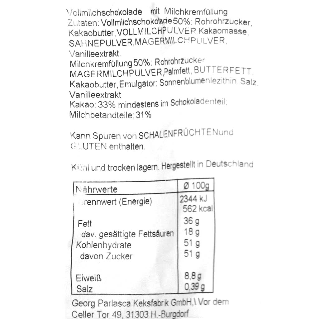 Parlasca Schokoladenbruch Vollmilch Milch-Creme 800g Beutel Zutaten